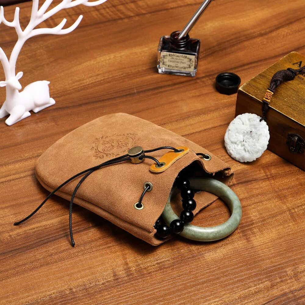 7208 Leather Drawstring Jewelry Pouch for Rings and Necklaces, Travel - Picture 6 of 9